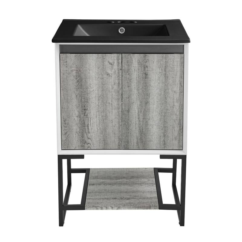 Marseille 24 In. Gray Oak Bathroom Vanity With Black, 3-Hole Ceramic Sink Top
