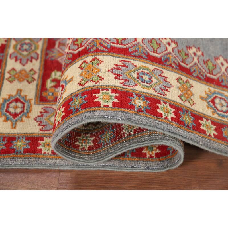 Gray Geometric Kazak Oriental Accent Rug Hand-Knotted Wool Carpet - 3'5" x 4'10"