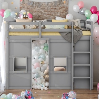 Wood Twin Size Loft Bed with Built-in Storage Wardrobe and 2 Windows - Perfect for Play and Sleep - Gray