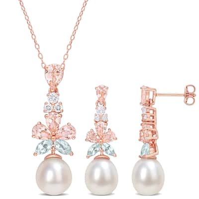 Miadora Cultured Freshwater Pearl 5ct TGW Morganite Aquamarine White Topaz Jewelry Set Rose Silver