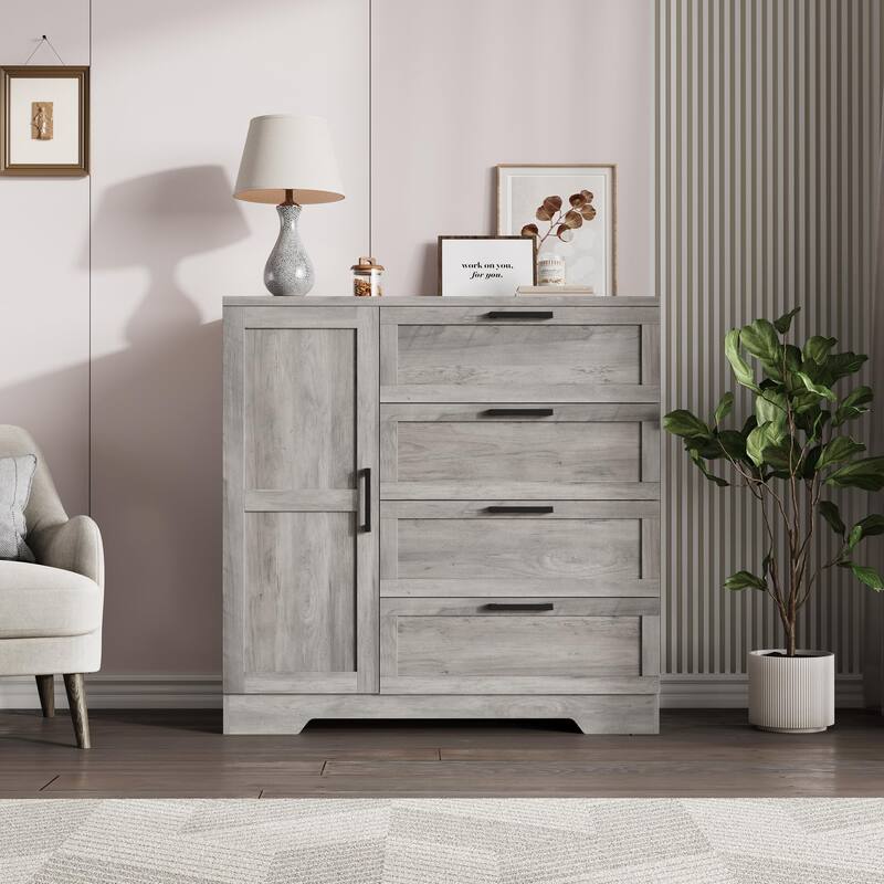 43.3'' Small Wardrobe Closet, Wardrobe Cabinet with Door, 4 Drawers and Handing Rod, Wooden Clothes Cabinet - Grey
