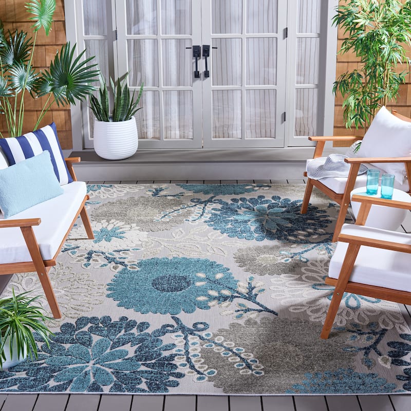 SAFAVIEH Cabana Hillechien Indoor/ Outdoor Waterproof Patio Floral Rug - 9' x 12' - Grey/Blue