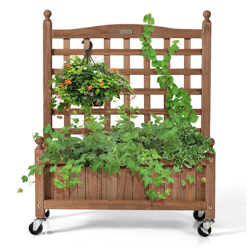 Gymax 32in Wood Planter Box w/Trellis Mobile Raised Bed for Climbing - 25'' x 11'' x 32.5''