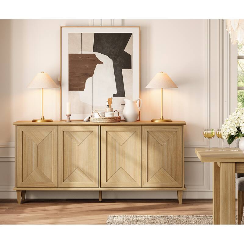 Large Buffet Cabinet with Handcrafted Pop-Up Doors for Dining Room - Natural Oak - 65 inches in width