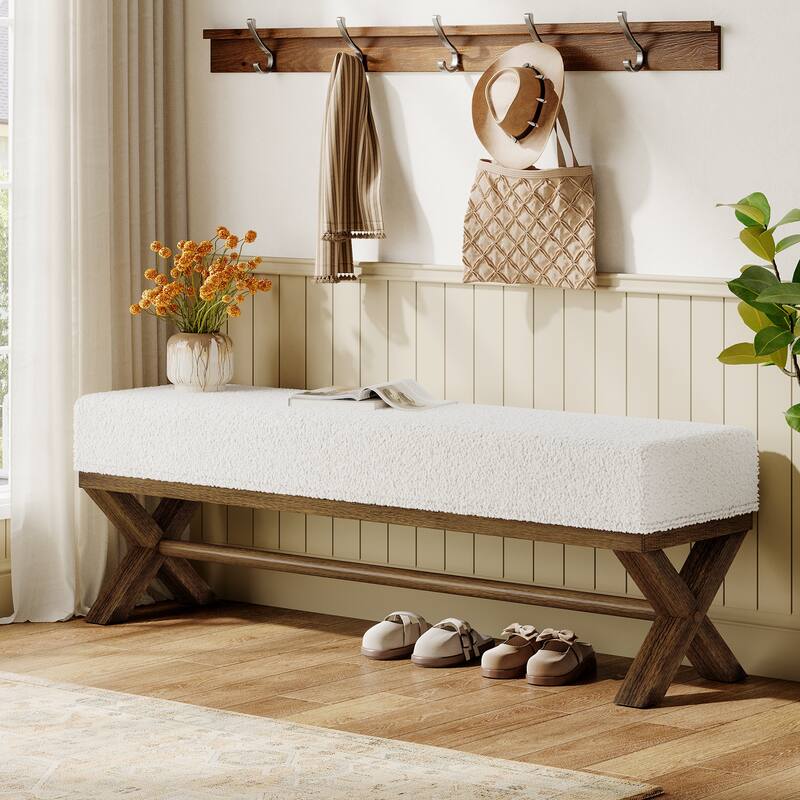 51.18" Upholstered Entryway Bench, Solid Wood End of Bed Bench, Modern Shoe Stool for Bedroom, Entrance, Living Room