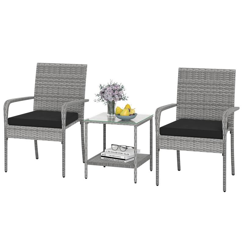 Gymax 3 Pieces Patio Furniture Set PE Rattan Porch Chairs w/ 2-Tier