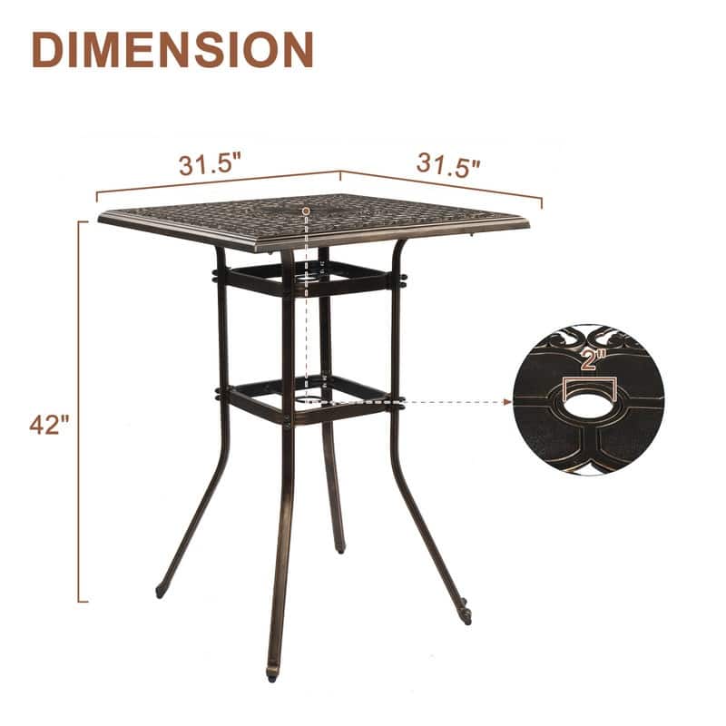 Patio Bar Height Table Cast Aluminium Square Bar Bistro Table with Umbrella Hole - N/A