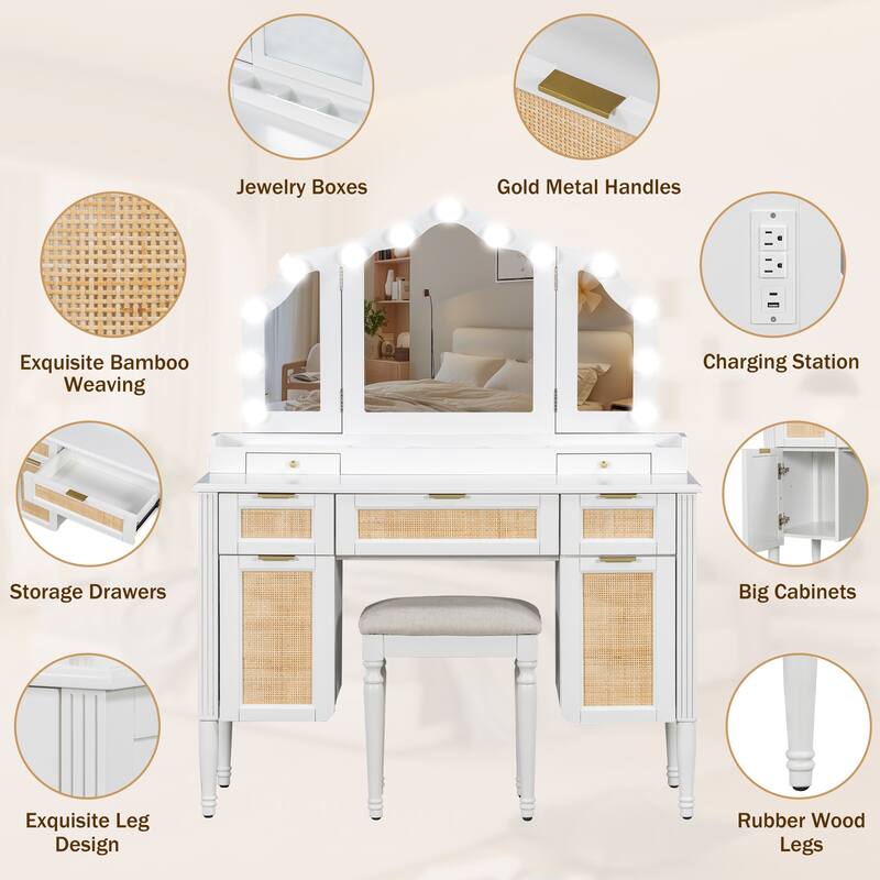 Bohemian Makeup Vanity Desk with 13 Bulbs & Tri-Fold Mirror, Built-in Charging Station Dressing Table with Makeup Stool, White