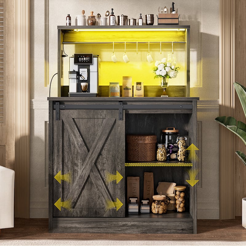Farmhouse Wine Bar Cabinet with Barn Door & Charging Station,Sturdy Buffet Coffee Bar Cabinet with LED Lights & Hutch - Black Oak