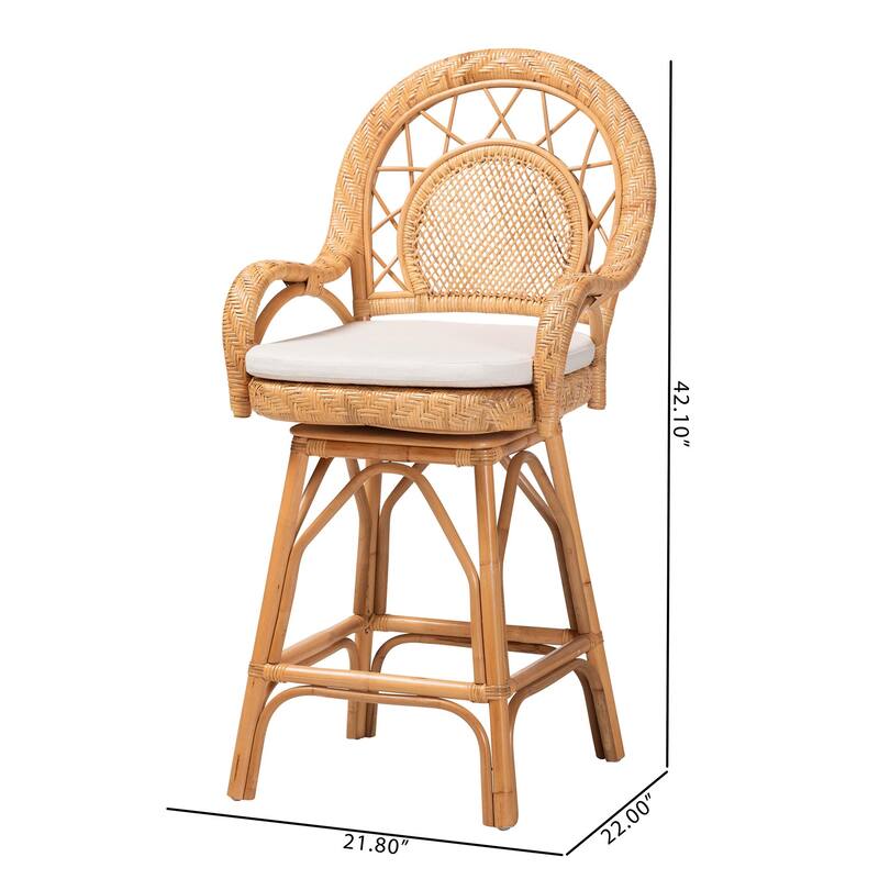 Adam Natural Rattan Counter Stool with Cushion - Handwoven Wicker Swivel Bar Chair for Kitchen Island or Lounge Area
