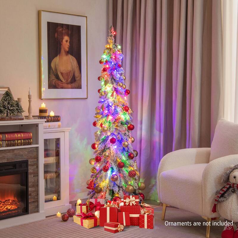 4 /5/6FT Pre-Lit Slim Christmas Tree Flocked Decoration LED Lights