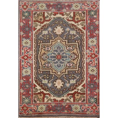 Hand Knotted Oriental 100% Wool Carpet Traditional Medallion Greys & Charcoal Heriz (serapi) Area Rug - 3' 0'' X 2' 0''