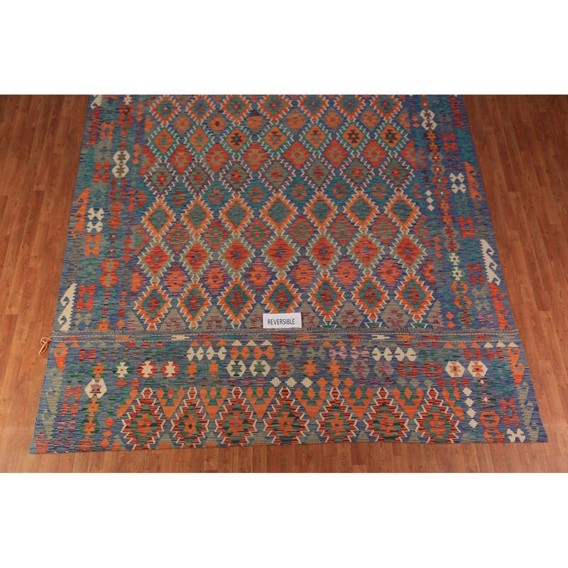 Reversible Blue Kilim Oriental Large Rug Flatweave Wool Carpet - 10'0"x 15'9"