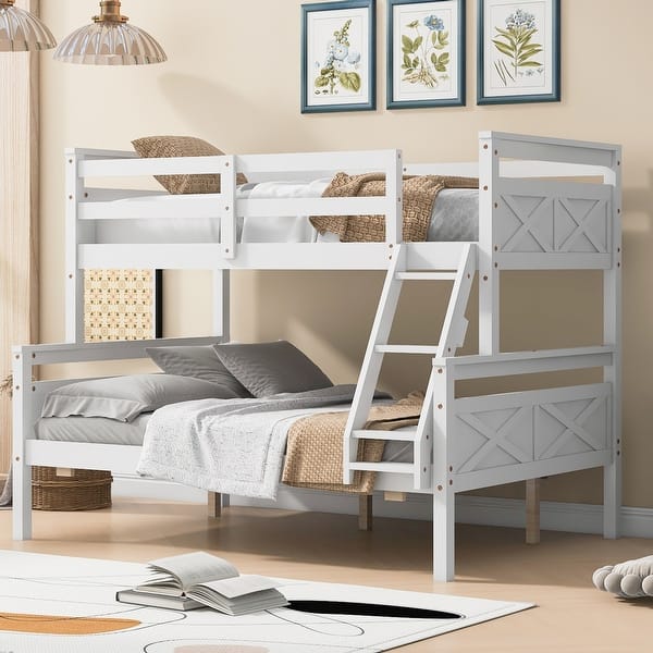 slide 2 of 10, White Twin over Full Pine Wood Bunk Bed with Safety Guardrail for Bedroom White