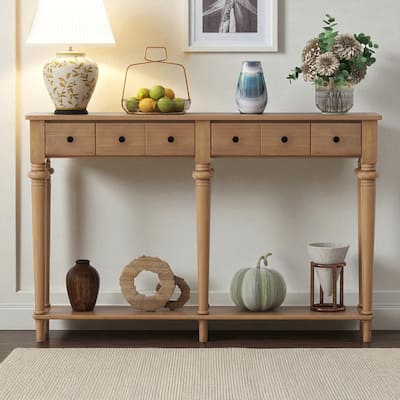 59.8" Rustic Entryway Console Table with 4 Drawers and Open Shelf, Retro Pine Veneer Hallway Accent Table