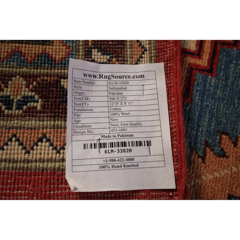 Vegetable Dye Red Sultanabad Oriental Rug Hand-Knotted Wool Carpet - 8'11" x 12'0"