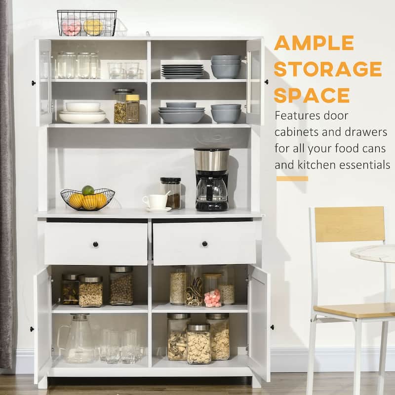 Antique White Kitchen Pantry Storage Cabinet with Hutch, 4 Shelves, Drawers, and Microwave Countertop