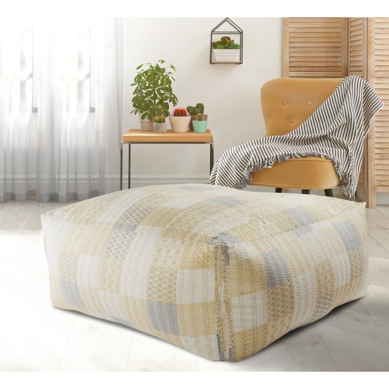 Large 48" Cream Cotton Patchwork Pouf Ottoman Boho Floor Seating Square Footrest Stool