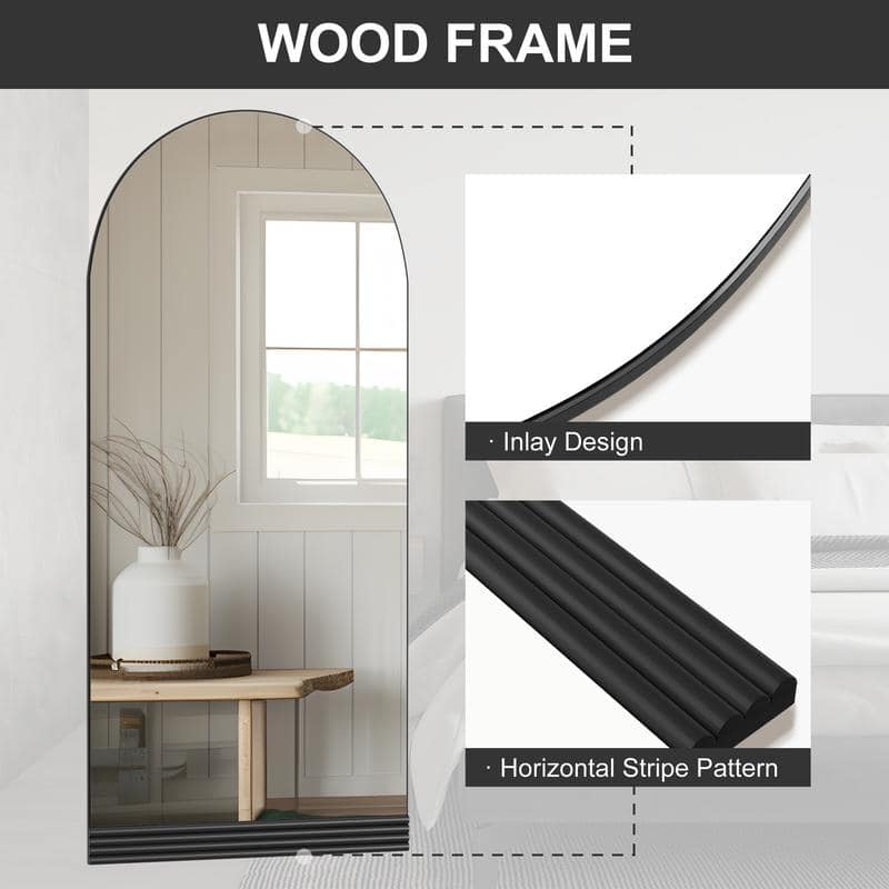 Full-Length Arched Wood Frame Wall Mirror with Striped Wooden Base in Black - 71"x31"