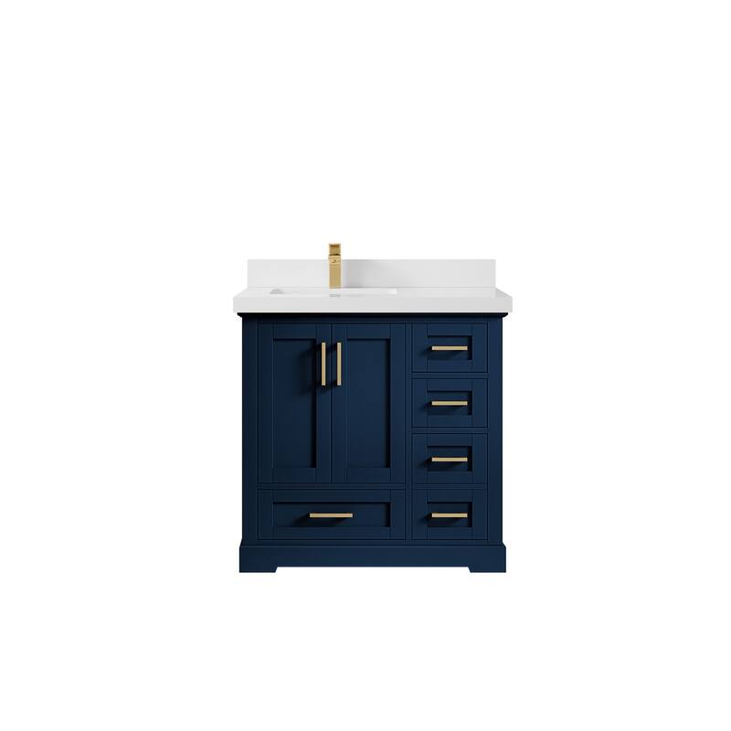 Willow Collections 36 x 22 Boston Left Offset Sink Bathroom Vanity with Quartz or Marble Countertop - 2"White Quartz - Navy Blue