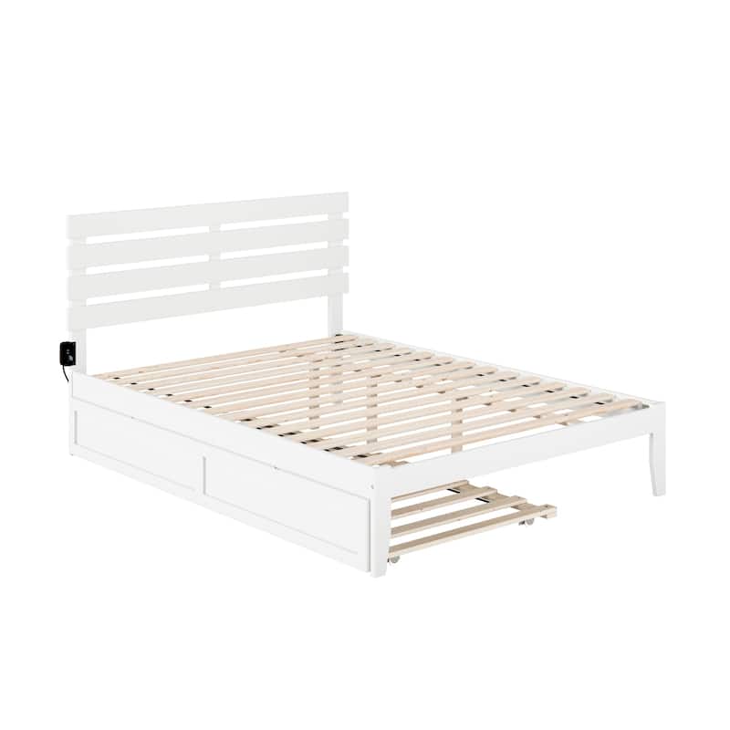 Twin XL Platform Bed with Trundle & USB Charger - White Modern Bed Frame