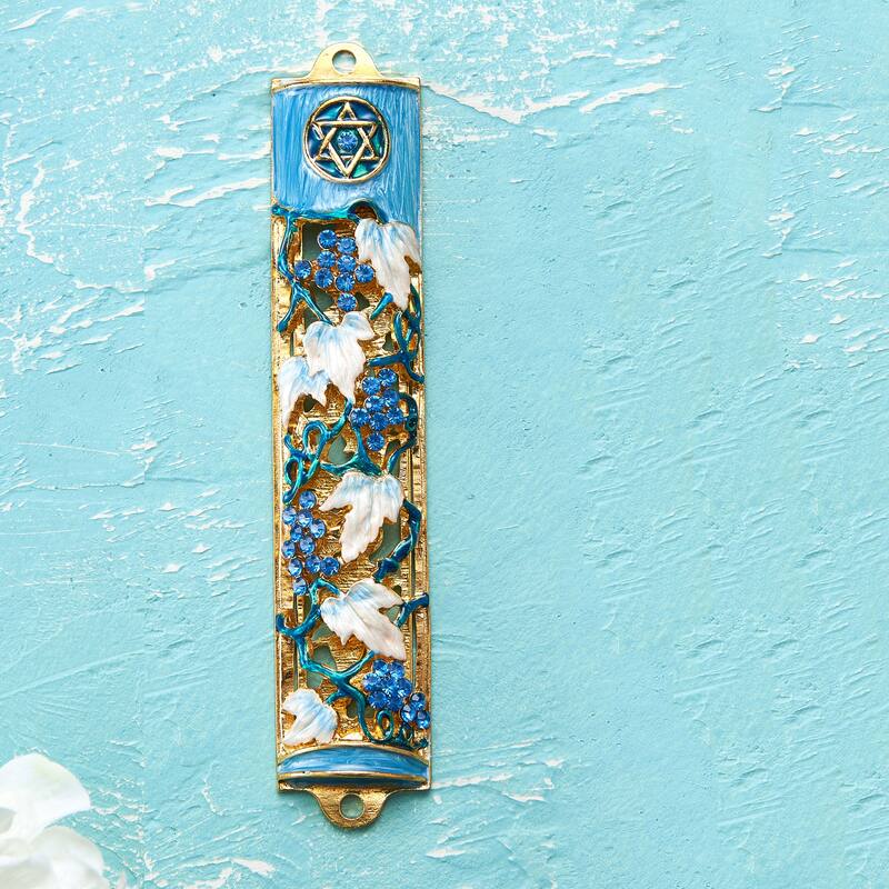 Matashi Hand Painted 6" Blue and Ivory Enamel Grape Mezuzah Embellished with Gold Accents and High Quality Crystals Home Decor
