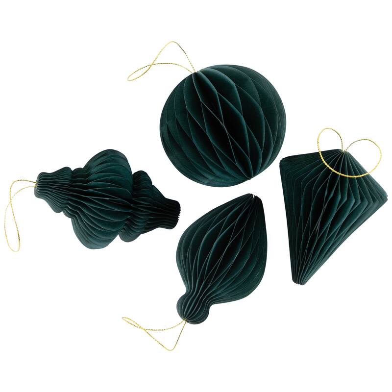 Accordion Honeycomb Foldable Paper Christmas Finial Ornaments - 4" - Green - Set of 4