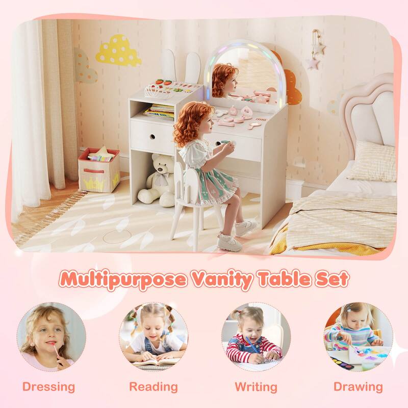 Costway Princess Bunny Makeup Table with Lighted Mirror, Open Shelves - See Details