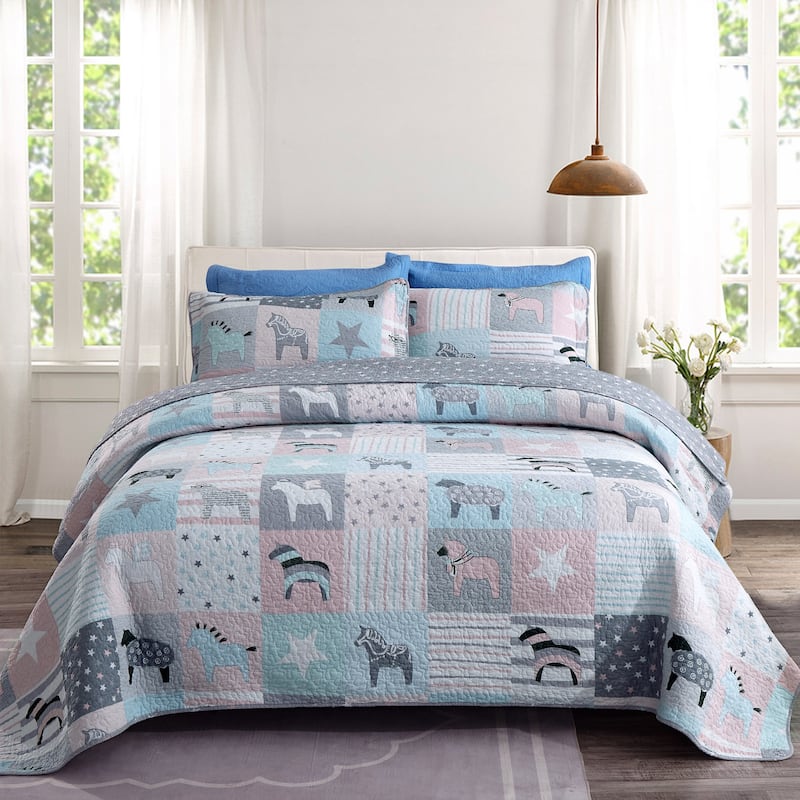 S&S Printed Ponies Reversible 100% Cotton Quilt Set - Full - Queen