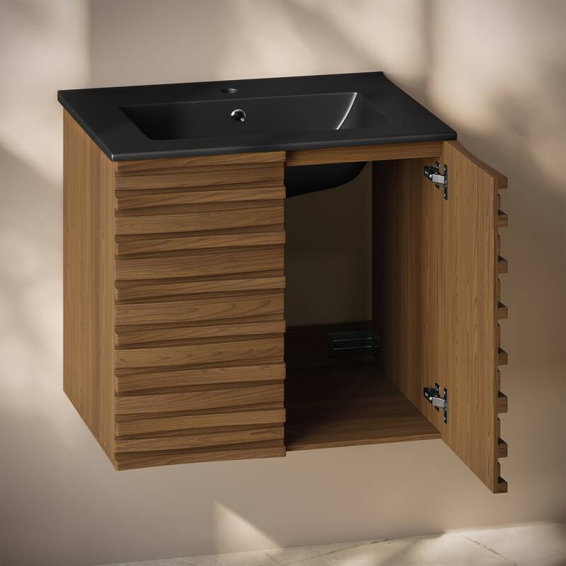 Cascade 24" Wall-Mounted Bathroom Vanity In Brown Oak With Black Sink Top - 24