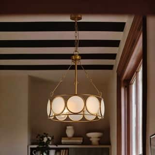 Modern Farmhouse 3-Light Antiqued Gold Drum Chandelier Glass Pendant Lights for Dining Room - 16.5" D x 19.5" H