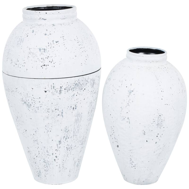 White Metal Tall Distressed Pot Floor Decorative Vase (Set of 2)