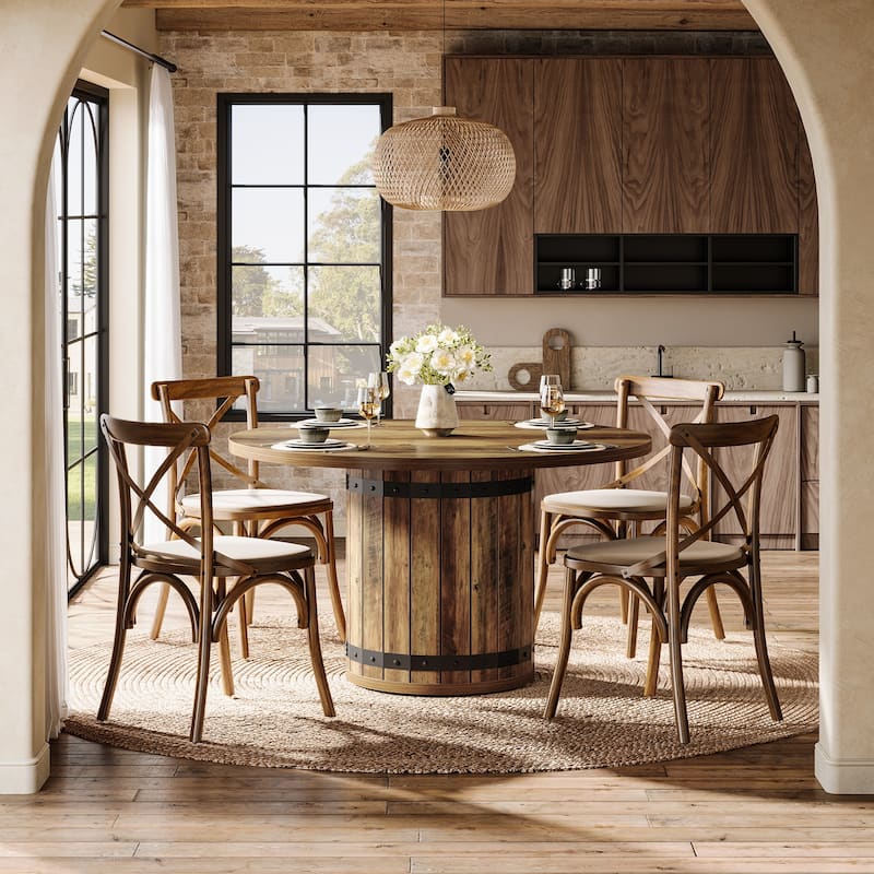 Wooden Round Dining Table with Fence Pedestal for 4 People
