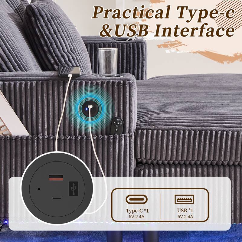 GDFStudio - Corduroy Recliner Sofa with USB Charging, RGB LED Light Strip - Suitable for Living Room and Bedroom