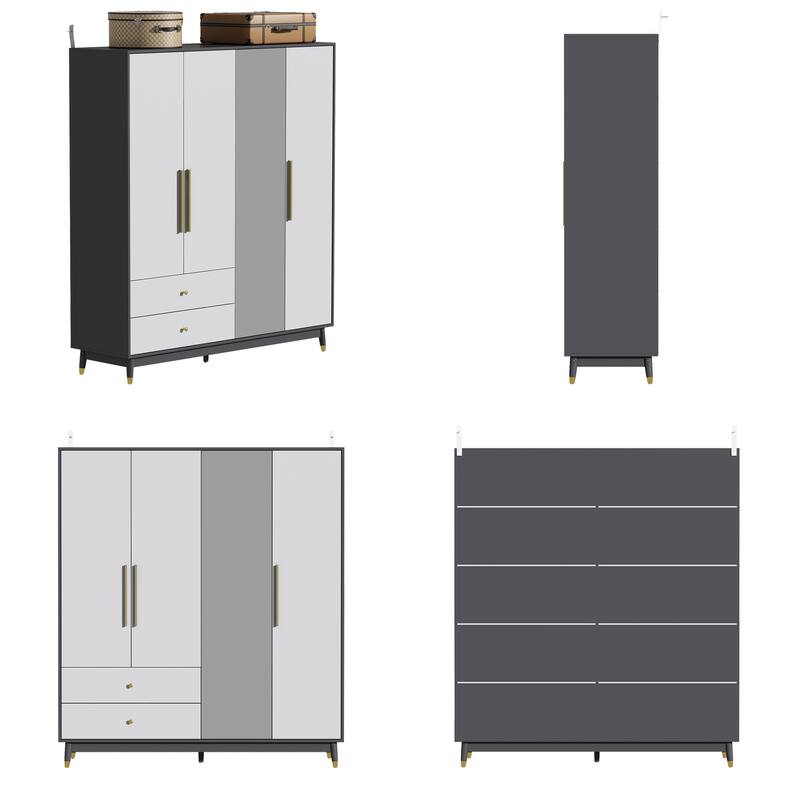 Wooden 2 Drawers 4 Doors Wardrobe Armoire With Mirror (Gray/Black)