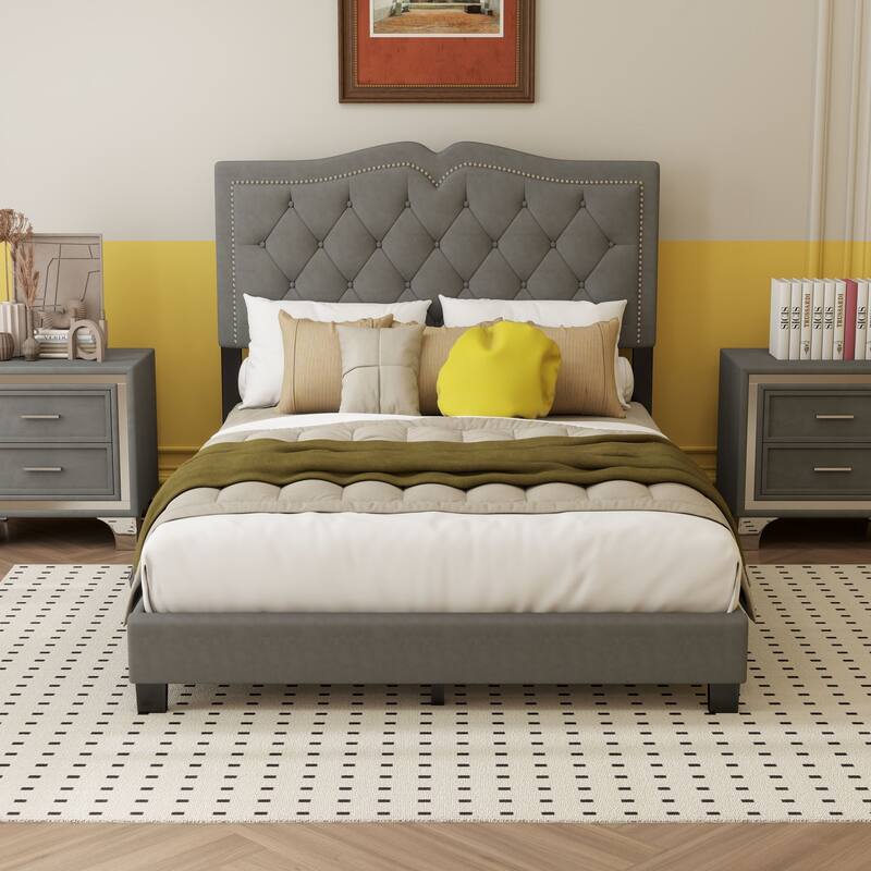 Upholstered bed frame with rivet design - Grey - Full