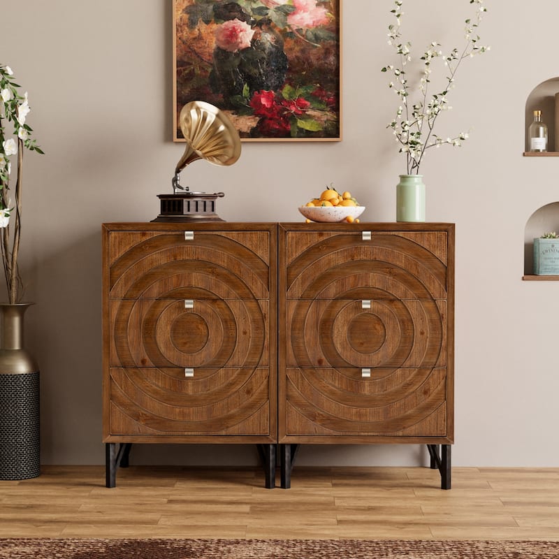 SUNBURY Solid Wood Brown Nightstand with 3-Drawers