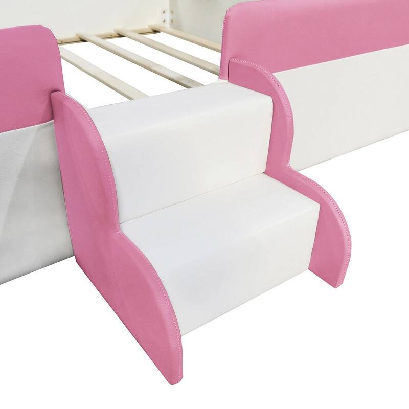 Twin/ Full/ Queen/ King Size Upholstered Kids Floor Bed Frame with Guardrail and Little Stairs, Soft PU Platform Bed