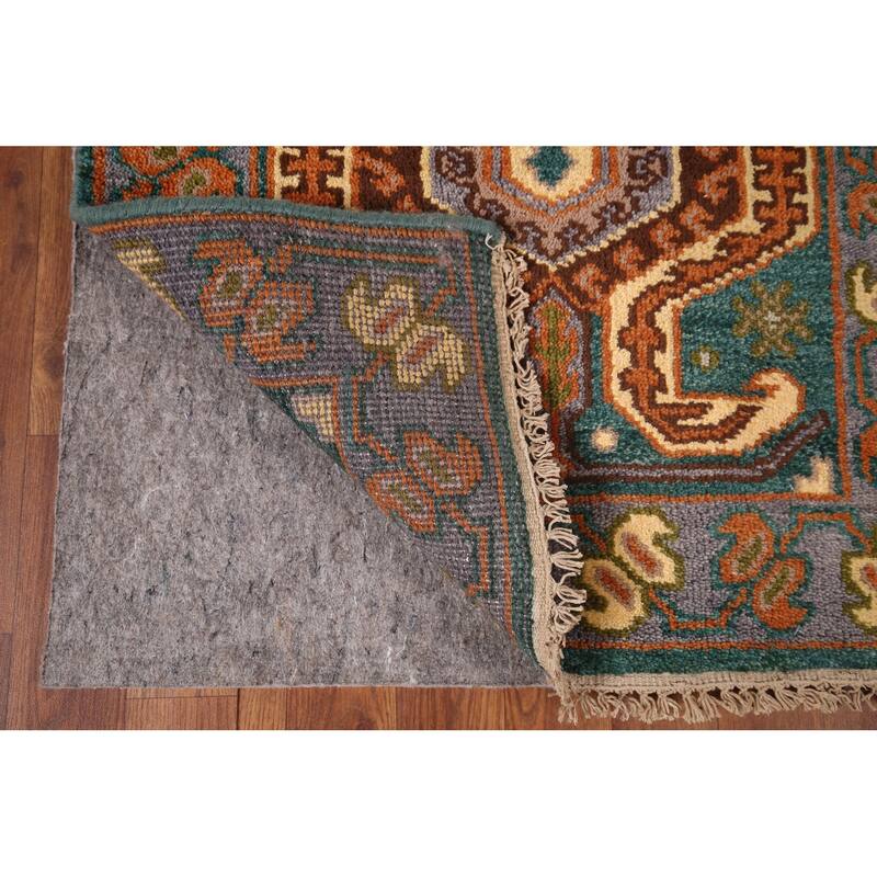 Green Geometric Kazak Indian Runner Rug Hand-Knotted Wool Carpet - 2'5"x 9'9"