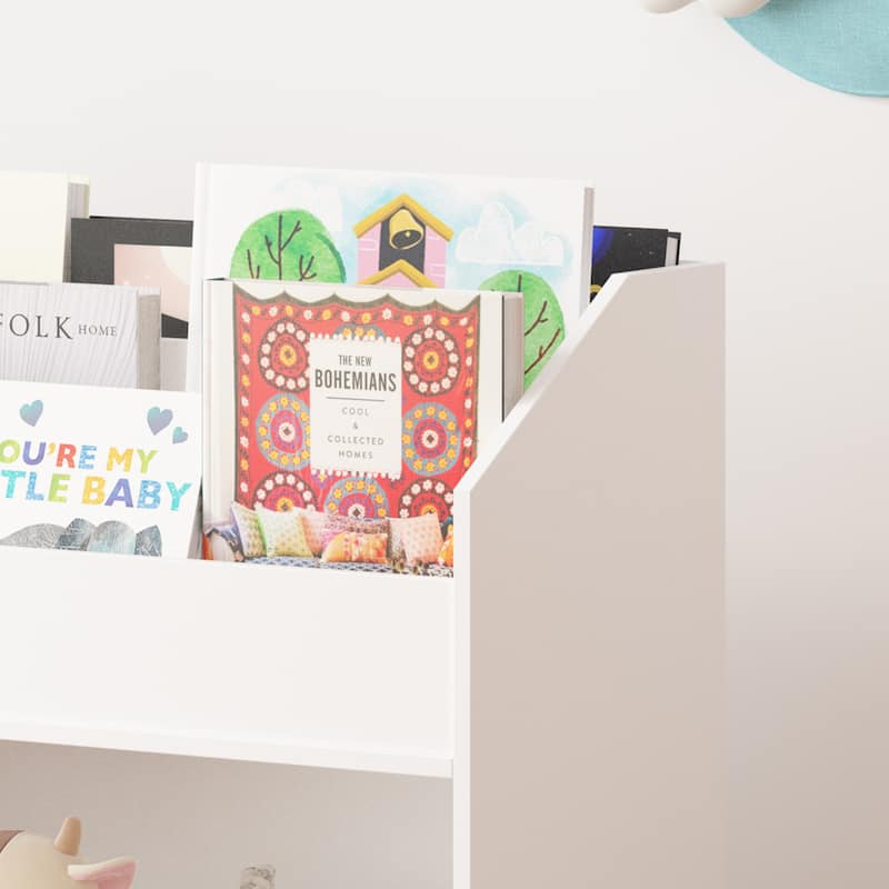 Toddler Book Display Shelf with Storage, Wooden Kids Bookcase Organizer for Bedroom or Playroom, White