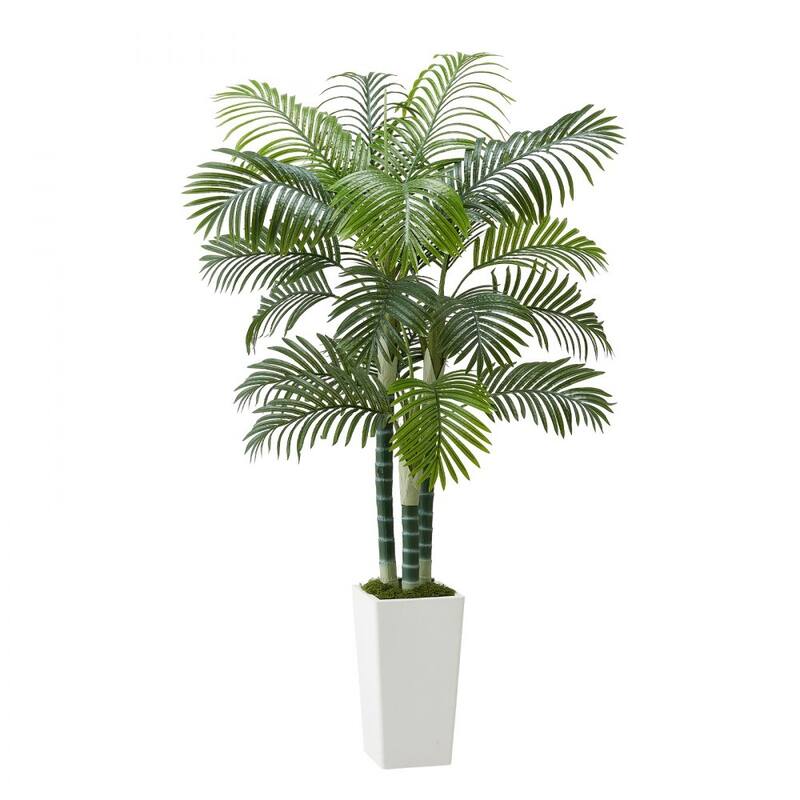 Thick-Trunk Areca Palm Artificial Tree with Green Leaves in White Planter for Home or Office Decor