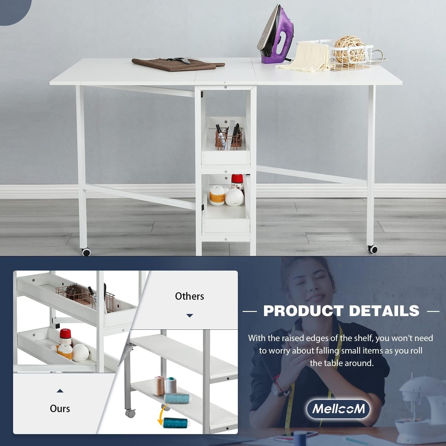 Sewing Craft Table, Art Desk with Storage Shelves and Lockable Casters,  White 