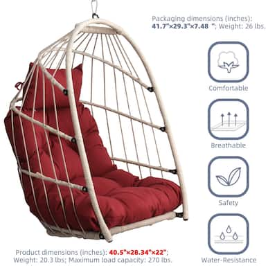 Foldable Egg Chair with Removable Cushions, Weather-Resistant Resin Wicker Hanging Chair with Headrest Pillow