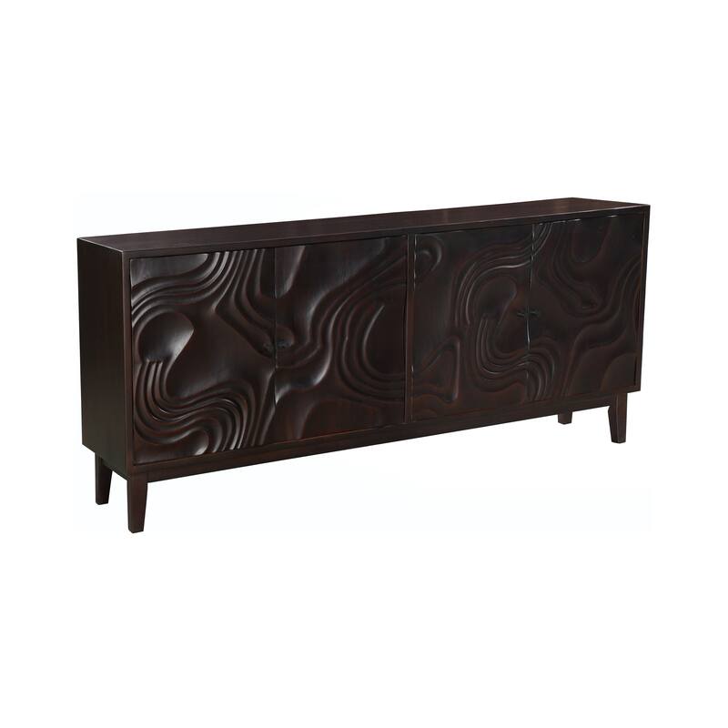 HomeRoots 80" Dark Brown Solid Wood Carved Abstract Sideboard with Four Doors - 80.00 in. x 36.00 in. x 16.00 in.