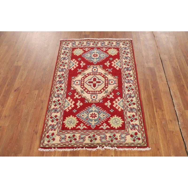 Red Kazak Foyer Rug Geometric Handmade Wool Carpet - 2'7"x 3'11"