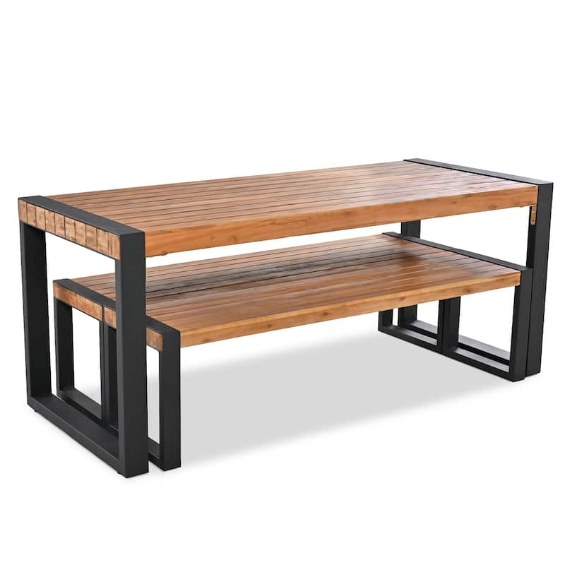3-pieces Outdoor Dining Table with 2 Benches, Acacia Wood Top & Steel Frame