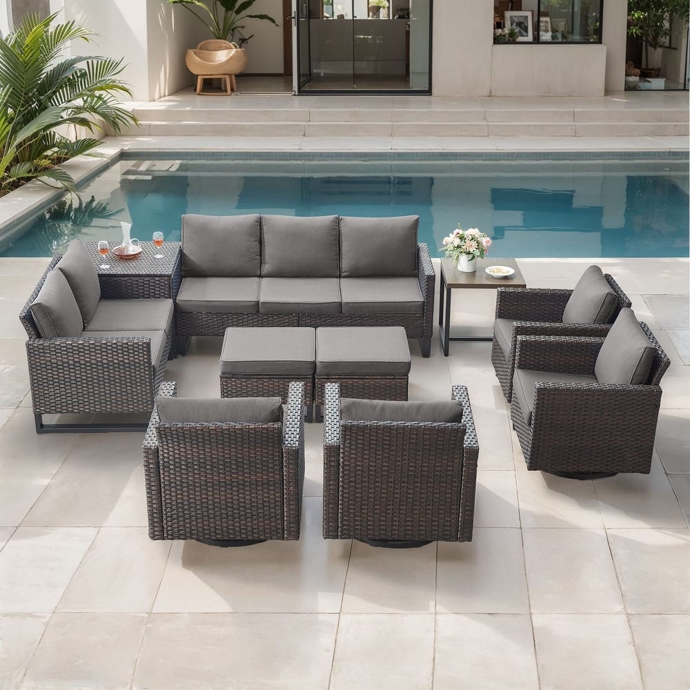 Gymojoy 9 Person Outdoor Patio Wicker Family Conversation Set Group With Swivel Chairs And Storage