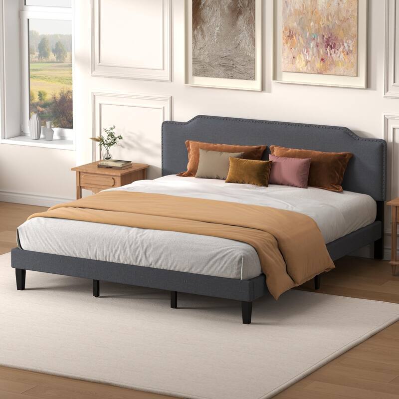 Upholstered Panel Bed with Nailed Headboard - Dark Grey - King