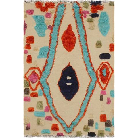 Shabby Chic Moroccan High-Low Pile Hawkins Beige/Rust Wool Rug - 4 ft. 1 in. X 6 ft. 2 in.