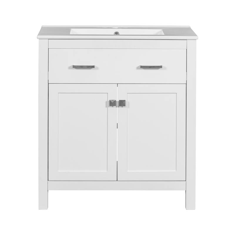 Modern Bathroom Vanity Freestanding Storage Cabinet with Flip-down Drawer, Double Door Organizer and Adjustable U-shaped Shelf